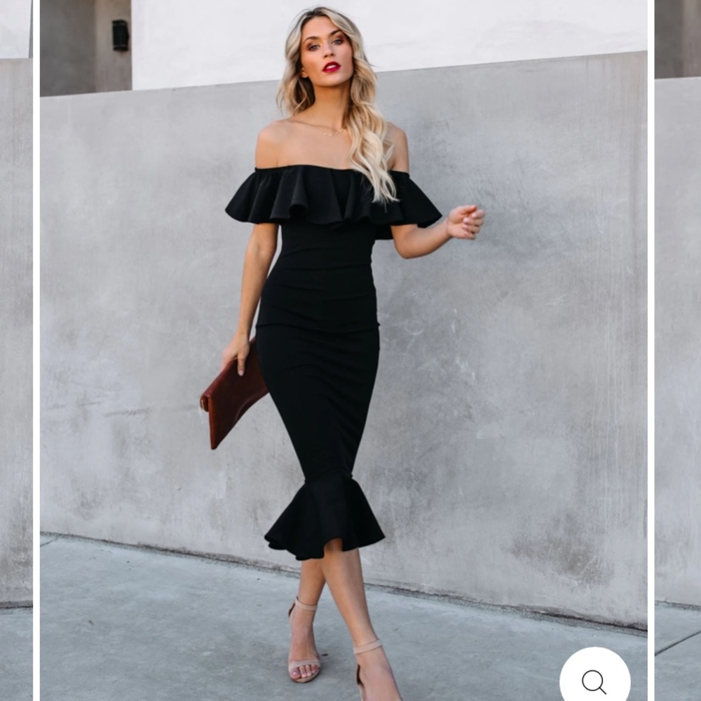 RUFFLE MIDI DRESS - BLACK
